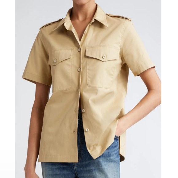 Nili Lotan Natalie Khaki Tan Epaulette Button Up Womens Cargo Safari Blouse - Picture 1 of 13